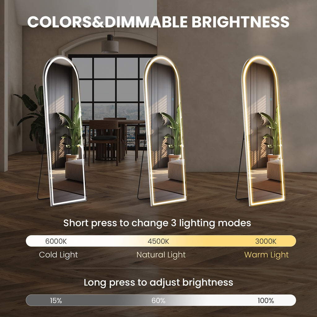 MCQ Arched\u002FRectangular LED Full Length Mirror, Full Body Floor Mirror Standing Hanging or Leaning Wall, Arch Wall Mirror with Stand Aluminum Alloy Thin Frame for Bedroom, Bathroom, Store