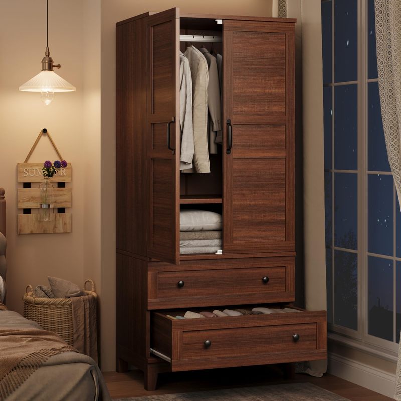 New Upgraded Tall Wooden Armoire Wardrobe in Walnut Brown, 72-Inch Height with 2 Drawers, Hanging Rod, Doors, and 18 Adjustable Shelves for Bedroom Storage for Home Room Decor Christmas Decorations, Birthday Gifts