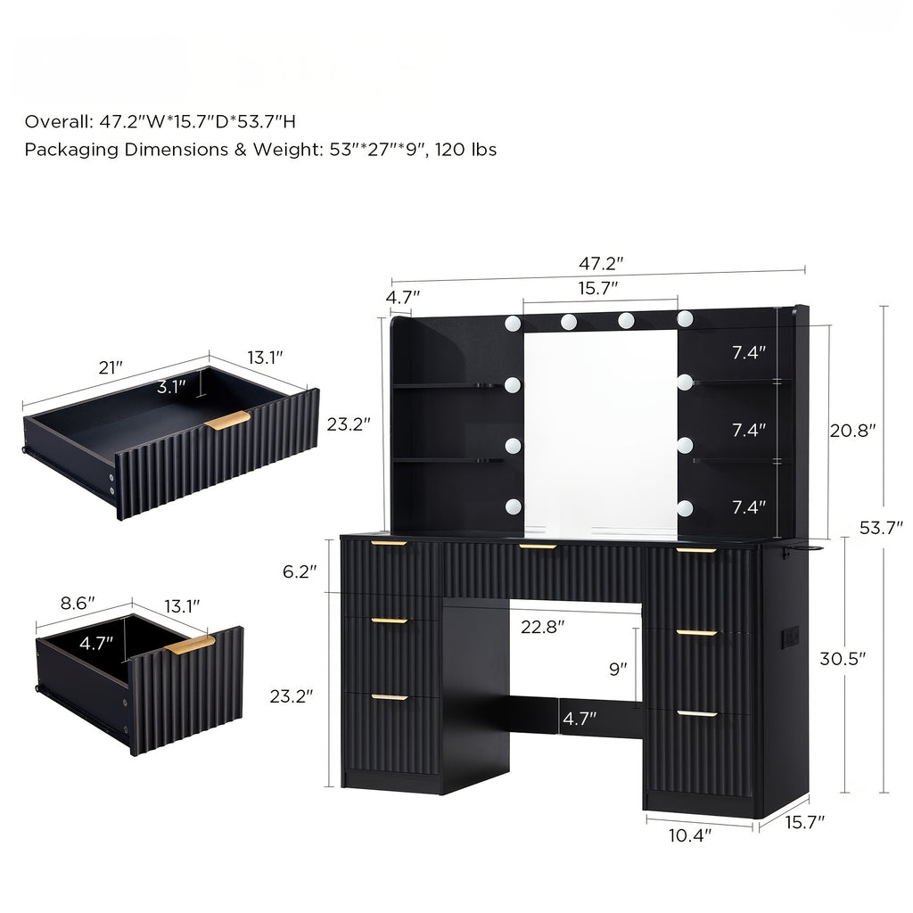 Fluted Vanity Desk with Large Mirror and Adjustable LED Lights, Drawers Makeup Table with Glass Top and Charging Station