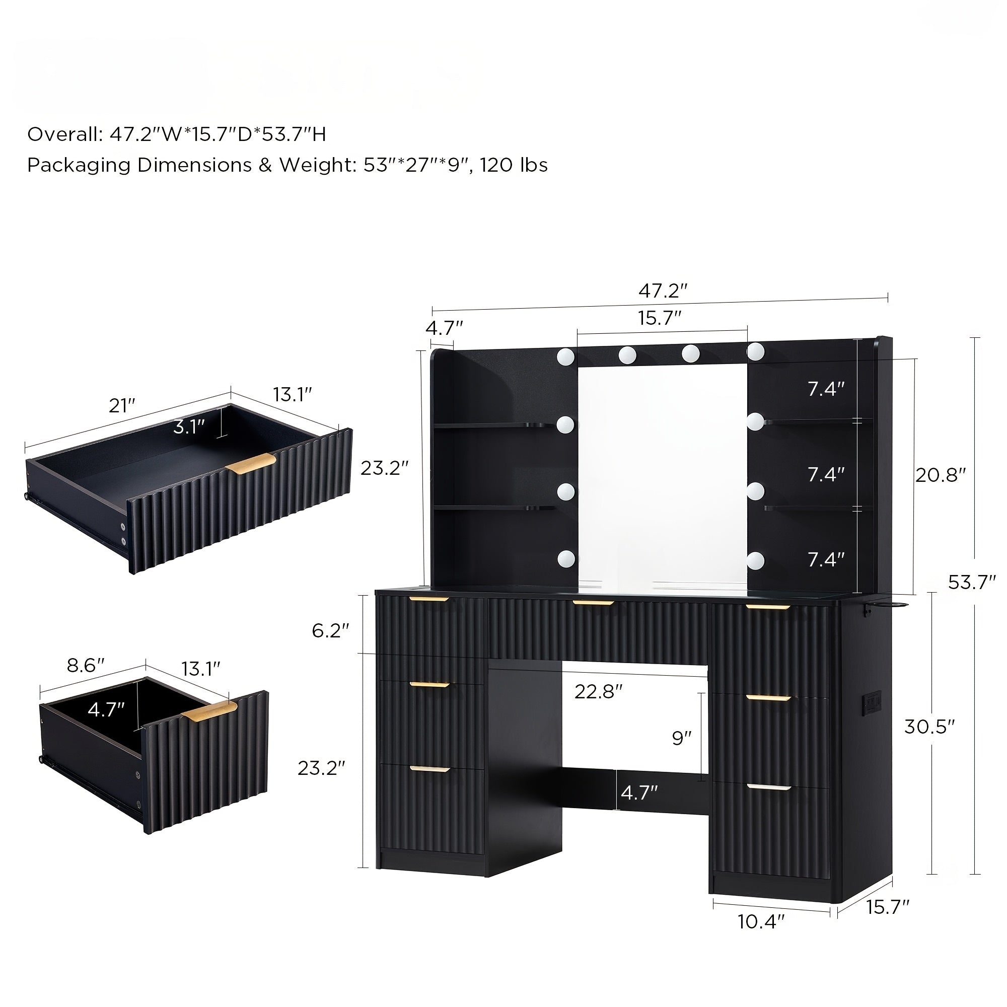 Fluted Vanity Desk with Large Mirror and Adjustable LED Lights, Drawers Makeup Table with Glass Top and Charging Station