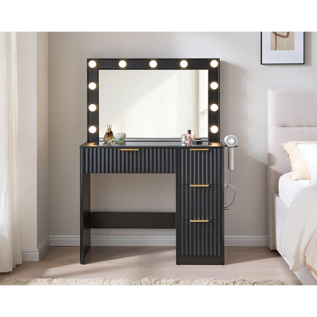 Fluted Vanity Desk with Large Mirror and Adjustable LED Lights, Drawers Makeup Table with Glass Top and Charging Station