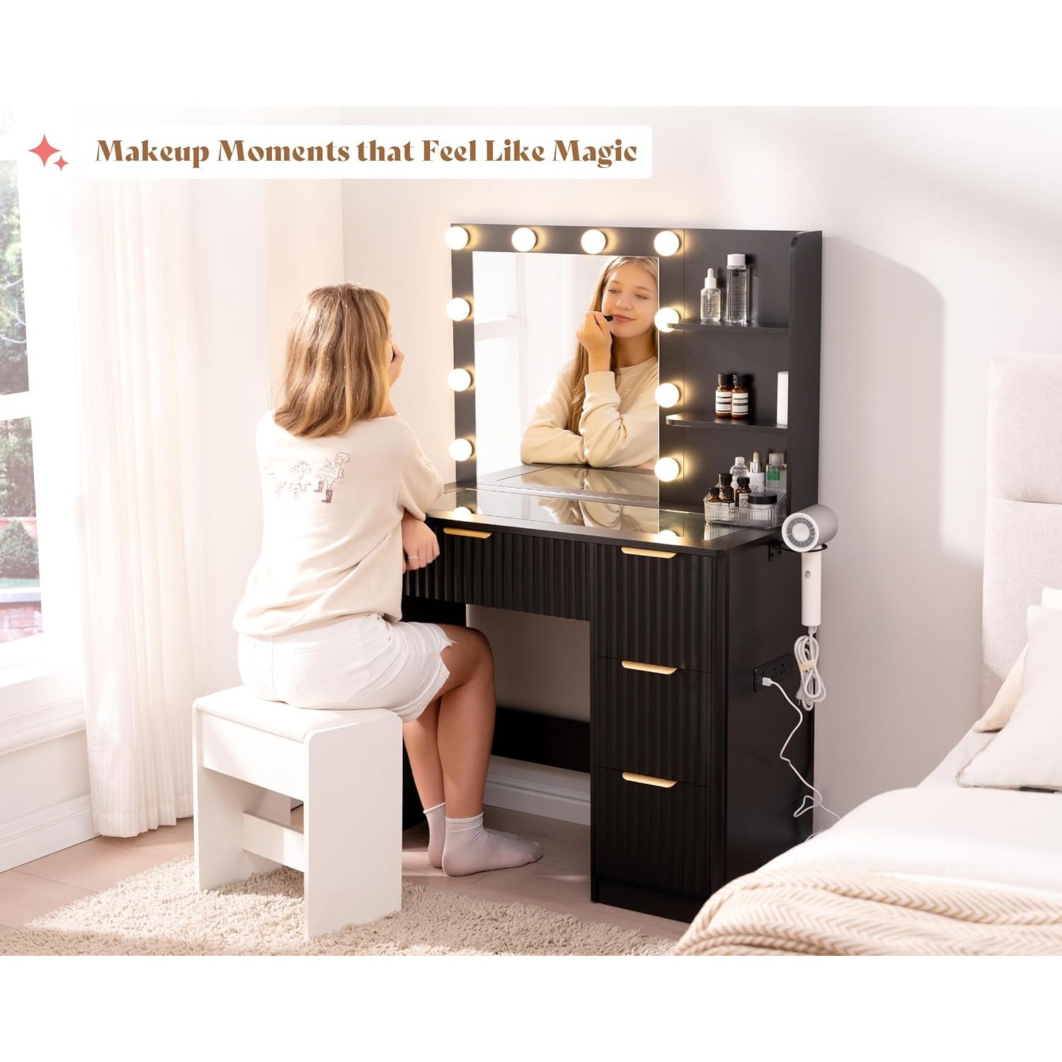 Fluted Vanity Desk with Mirror and Adjustable LED Lights, Large Drawers Makeup Table with Glass Top and Charging Station