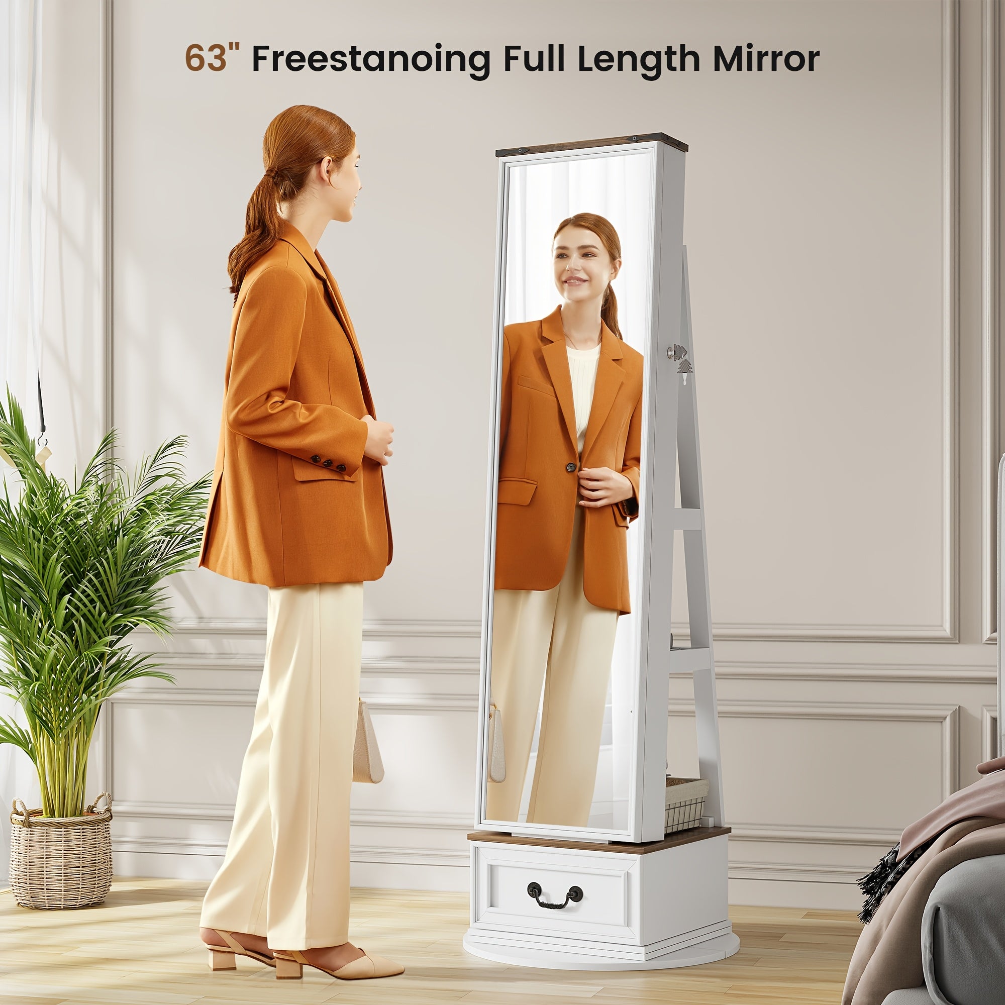 Vintage-Inspired 360° Swivel Jewelry Mirror Cabinet with Lights - Lockable, Full Length Organizer with Storage Drawer for Bedroom Decor