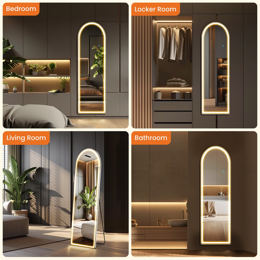 MCQ Arched\u002FRectangular LED Full Length Mirror, Full Body Floor Mirror Standing Hanging or Leaning Wall, Arch Wall Mirror with Stand Aluminum Alloy Thin Frame for Bedroom, Bathroom, Store