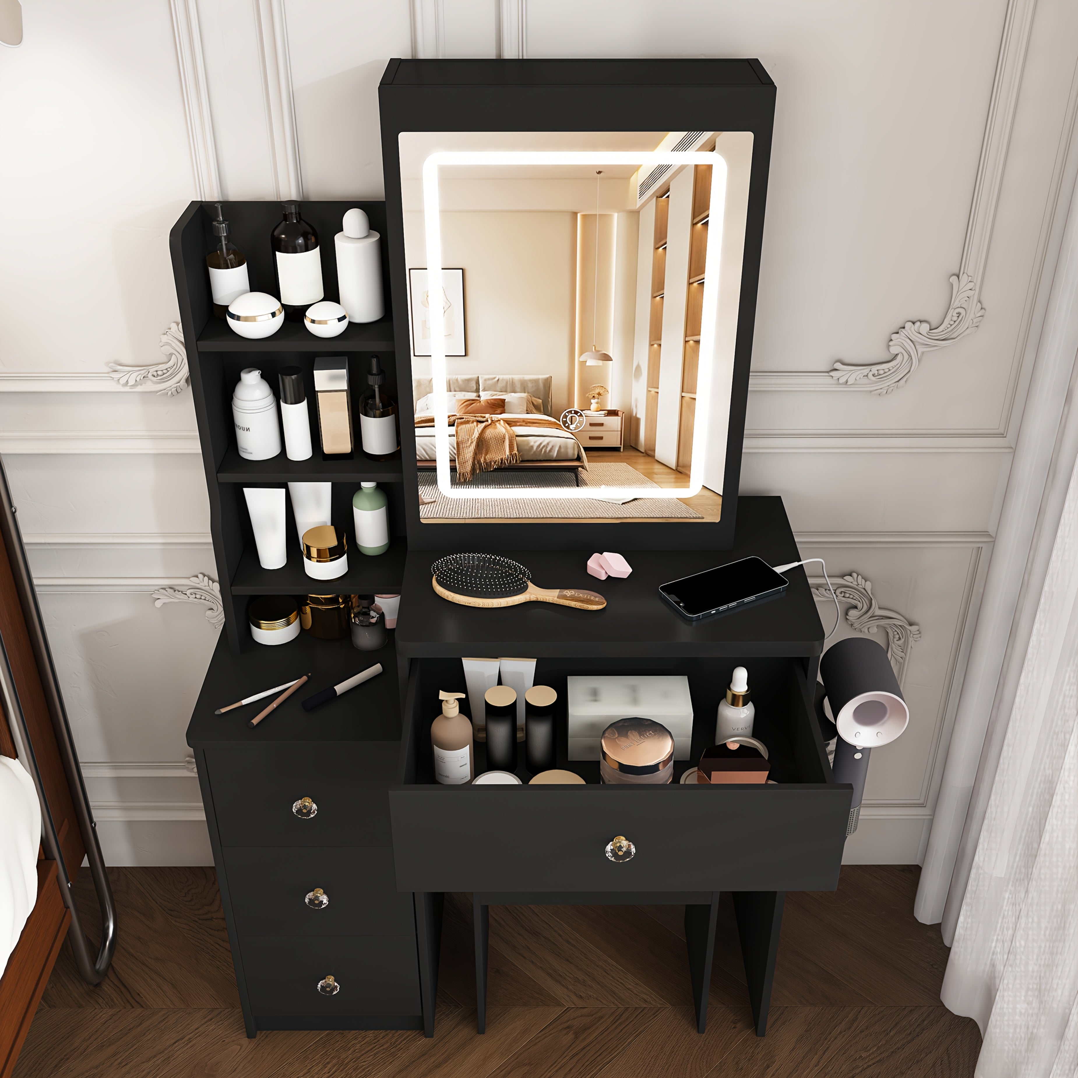 Modern Vanity Desk with LED Lighting & Dressing Chair - Adjustable Brightness, 4 Drawers & Shelves, Hair Dryer Holder, Suitable for for Bedroom, Dressing Table, Bathroom Storage, Space-Saving, Assembly Required