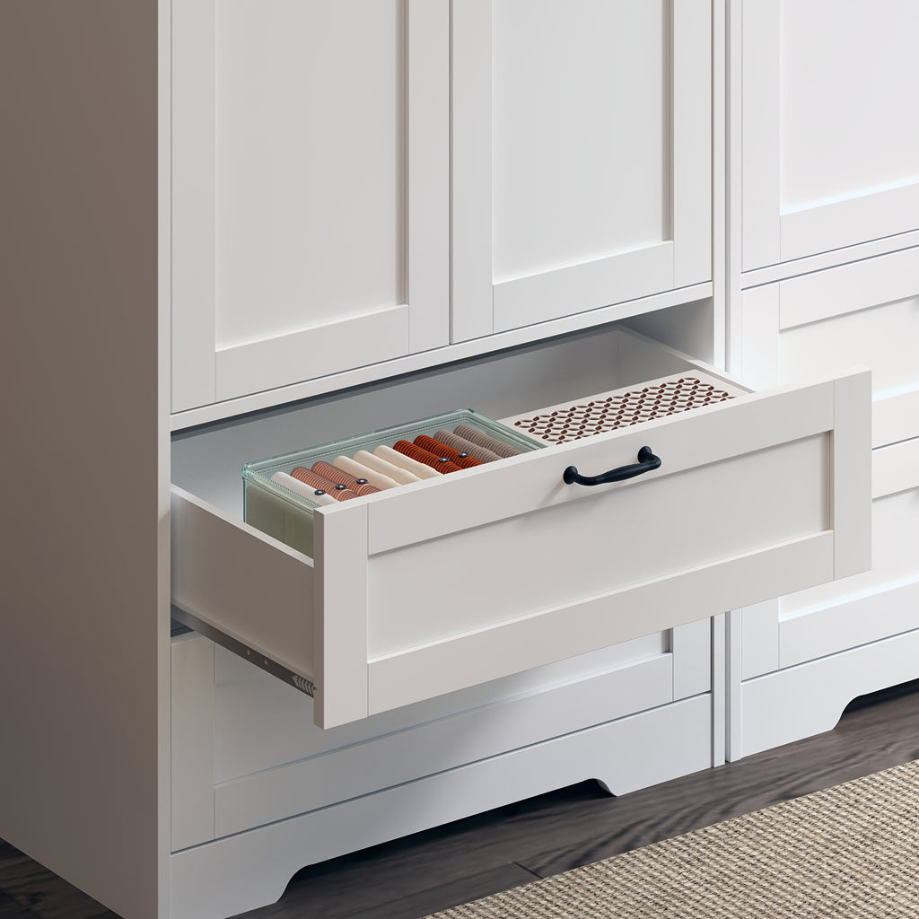 Spacious Contemporary Wardrobe with a Standing Design, Featuring a Clothing Storage Cabinet Equipped with Drawers, Double Doors, And Hangers, Ideal for Bedrooms, Cloakrooms, And Laundry Areas. It Includes 2 Drawers And a Clothes Drying Pole