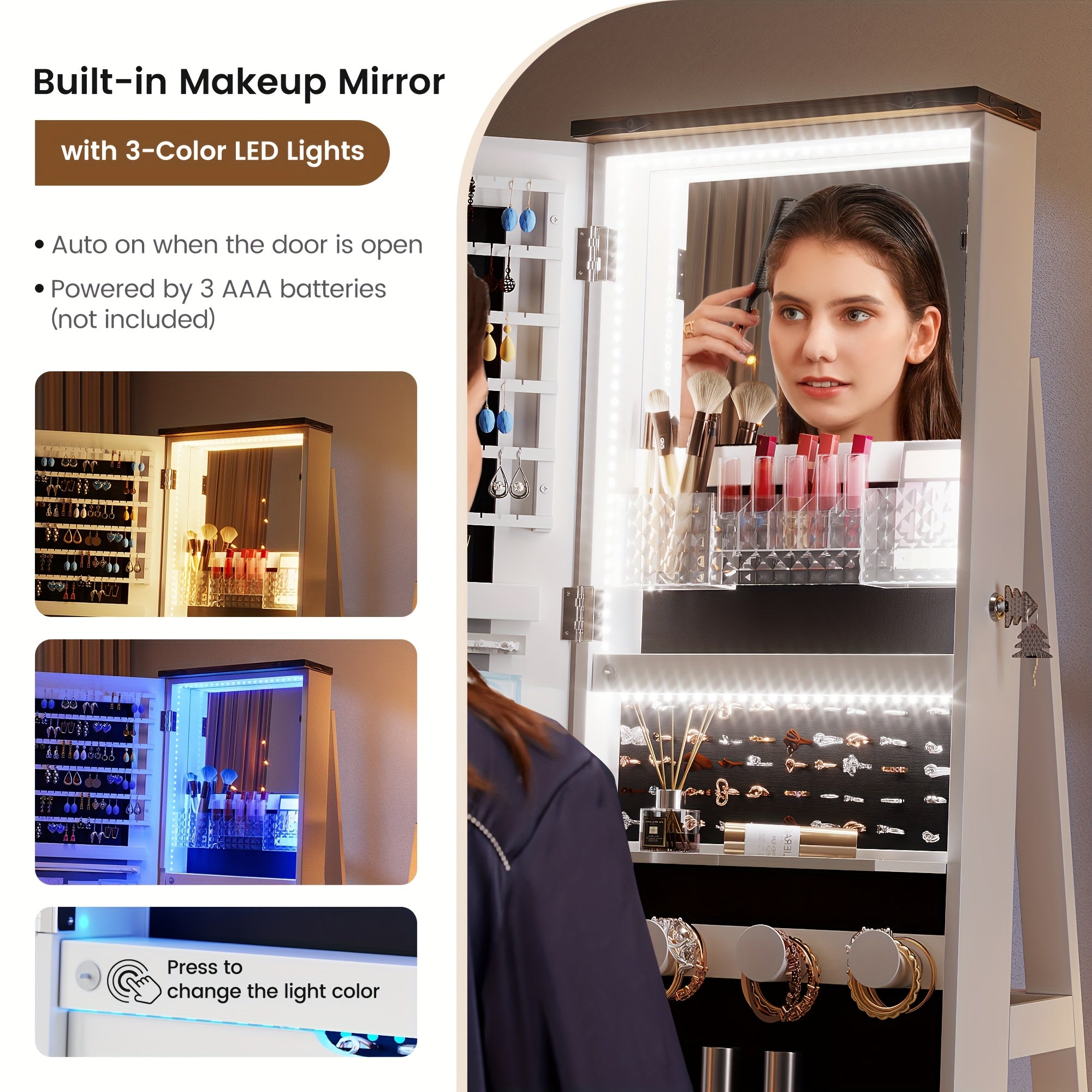 Vintage-Inspired 360° Swivel Jewelry Mirror Cabinet with Lights - Lockable, Full Length Organizer with Storage Drawer for Bedroom Decor