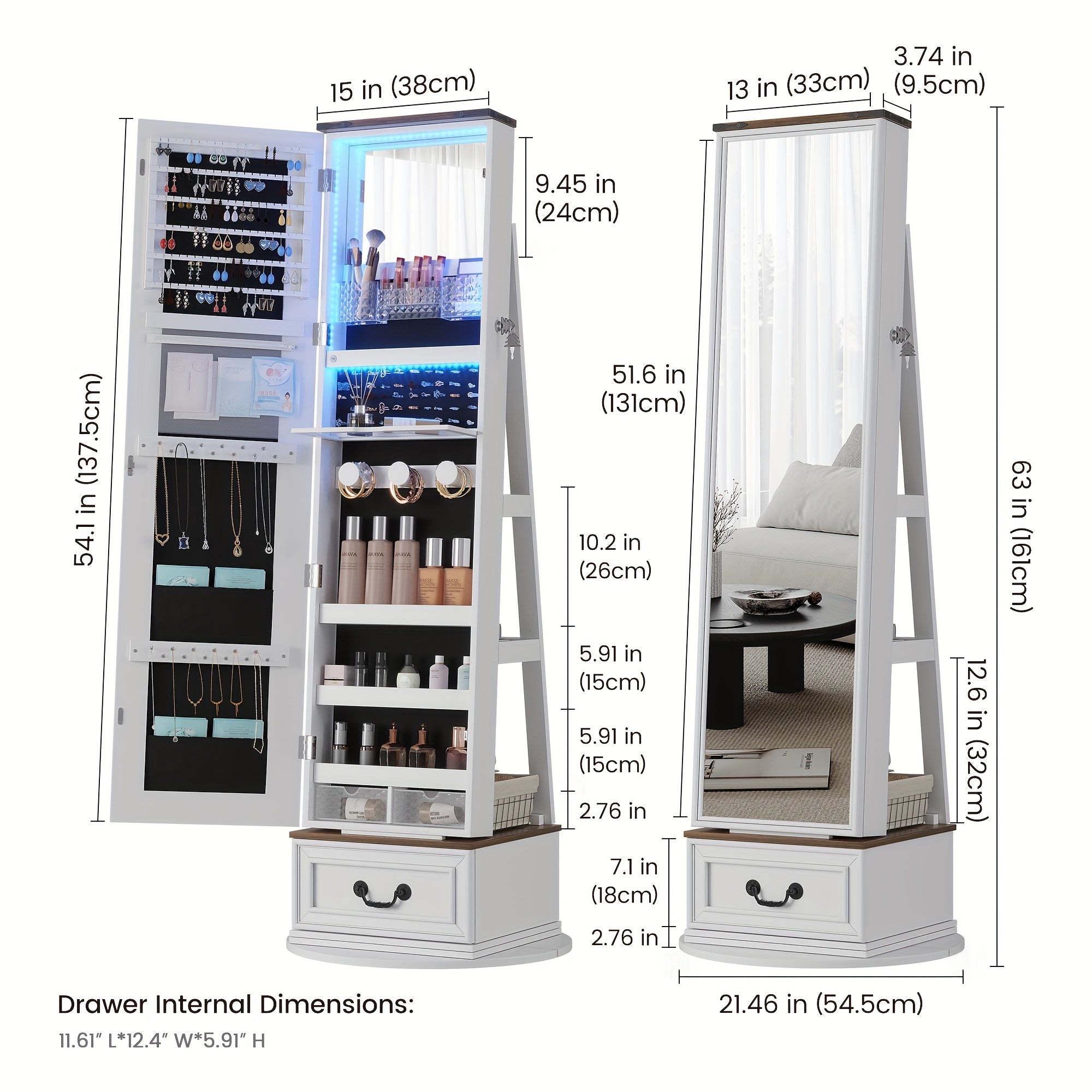 Vintage-Inspired 360° Swivel Jewelry Mirror Cabinet with Lights - Lockable, Full Length Organizer with Storage Drawer for Bedroom Decor