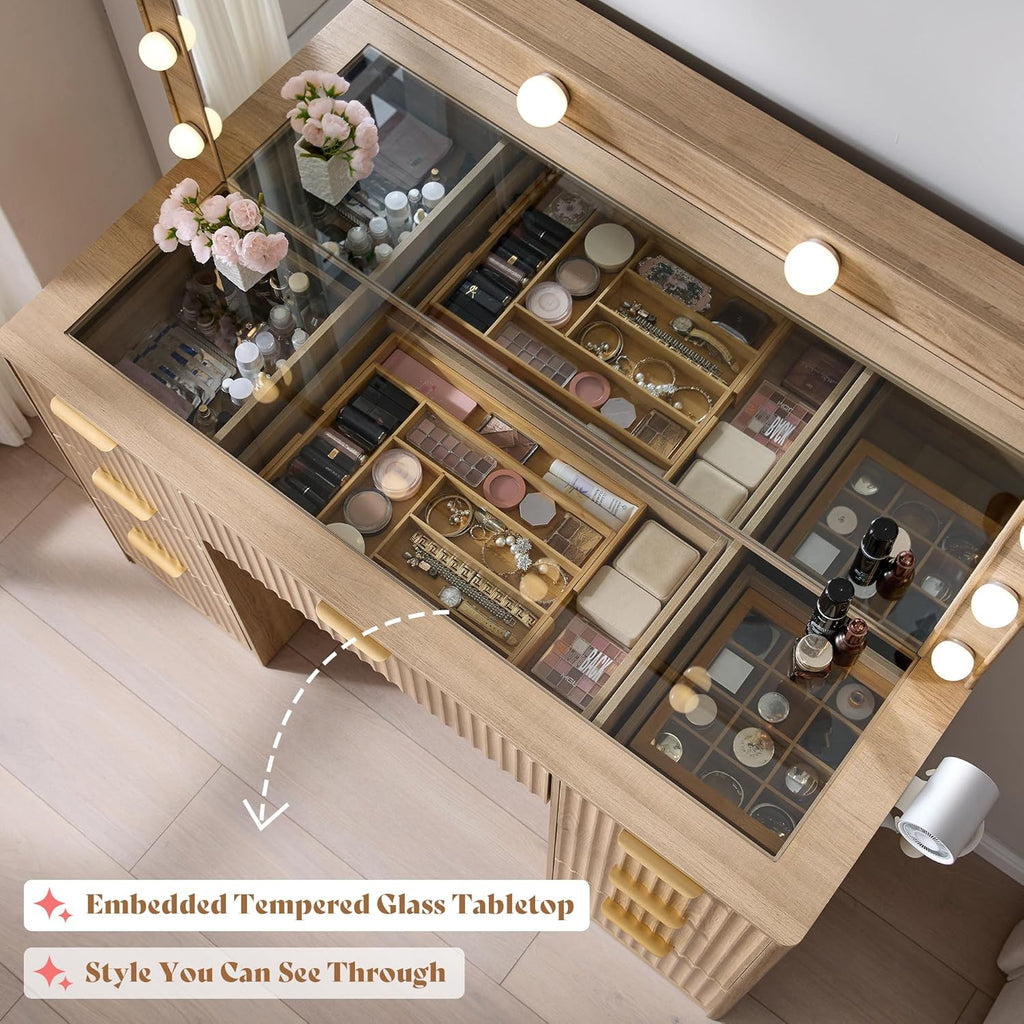 Fluted Vanity Desk with Large Mirror and Adjustable LED Lights, Drawers Makeup Table with Glass Top and Charging Station
