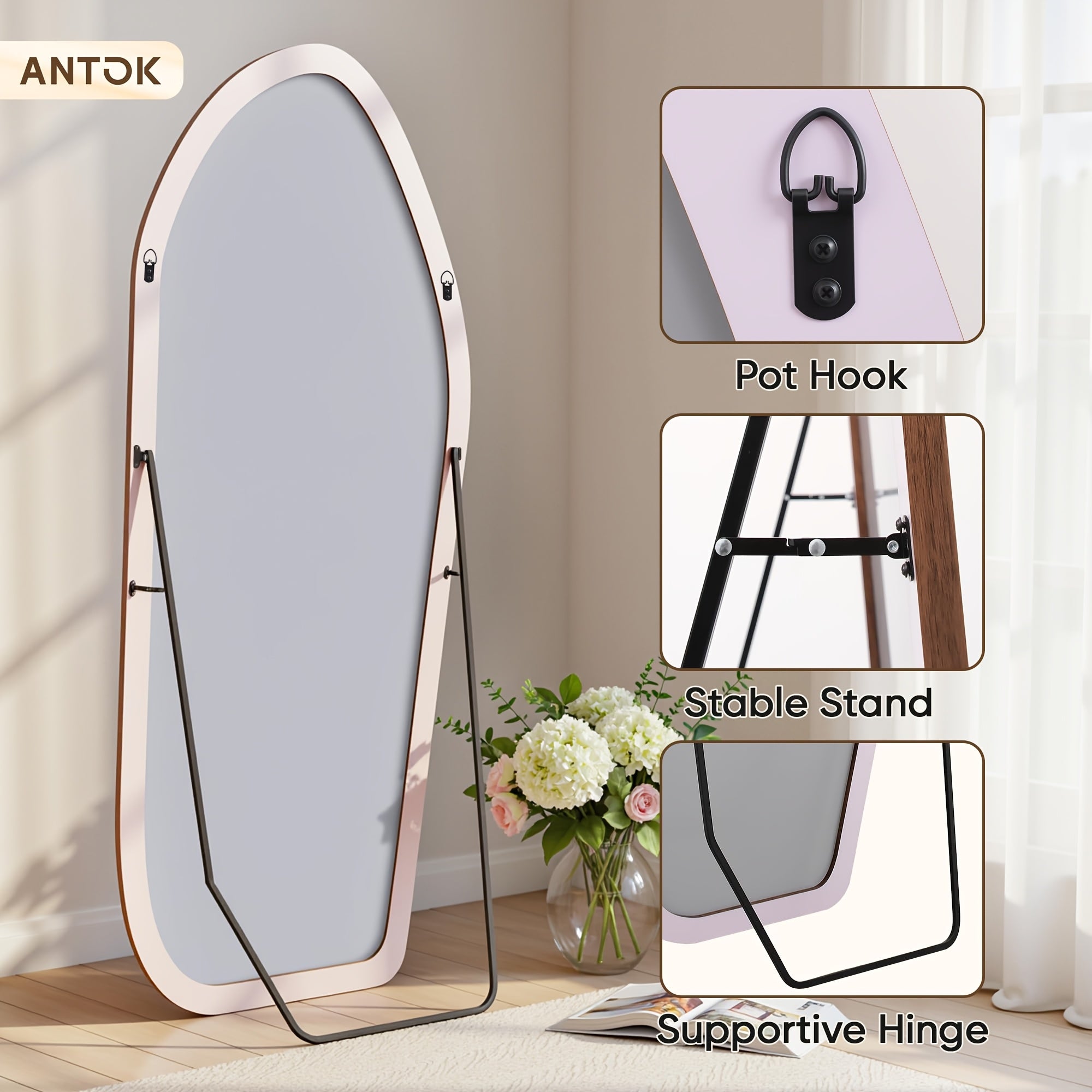 Large Oversized Full-Length Floor Mirror with Solid Wood Frame & Bohemian Suitable for Bedroom, Living Room - Moisture-Resistant Standing Mirror, Panel Vertical Floor Mirror for Dressing Room, Modern Decor, Painted