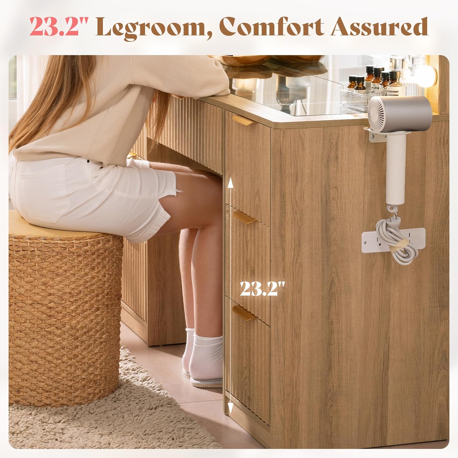 Fluted Vanity Desk with Large Mirror and Adjustable LED Lights, Drawers Makeup Table with Glass Top and Charging Station