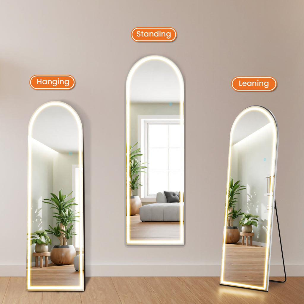 MCQ Arched\u002FRectangular LED Full Length Mirror, Full Body Floor Mirror Standing Hanging or Leaning Wall, Arch Wall Mirror with Stand Aluminum Alloy Thin Frame for Bedroom, Bathroom, Store