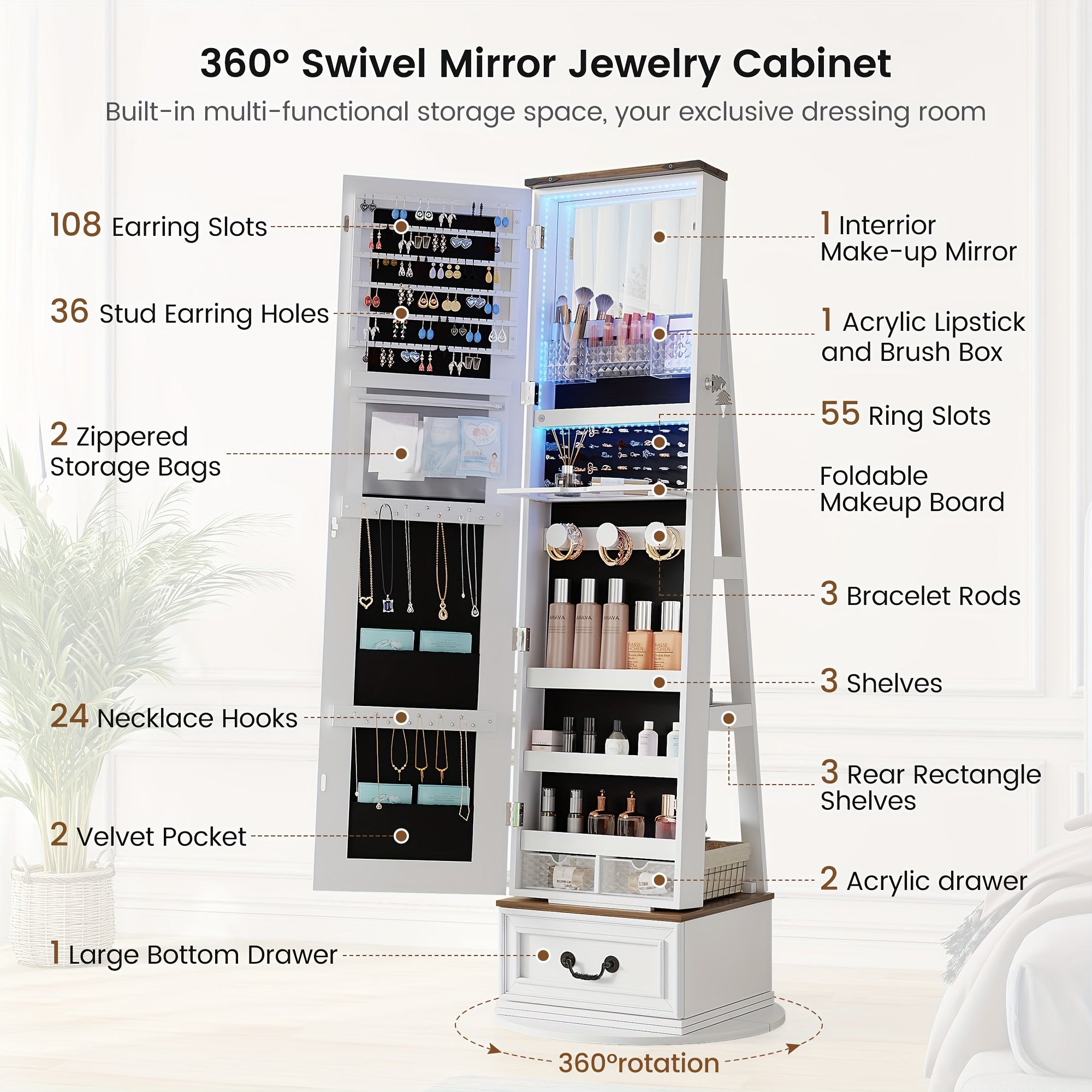 Vintage-Inspired 360° Swivel Jewelry Mirror Cabinet with Lights - Lockable, Full Length Organizer with Storage Drawer for Bedroom Decor