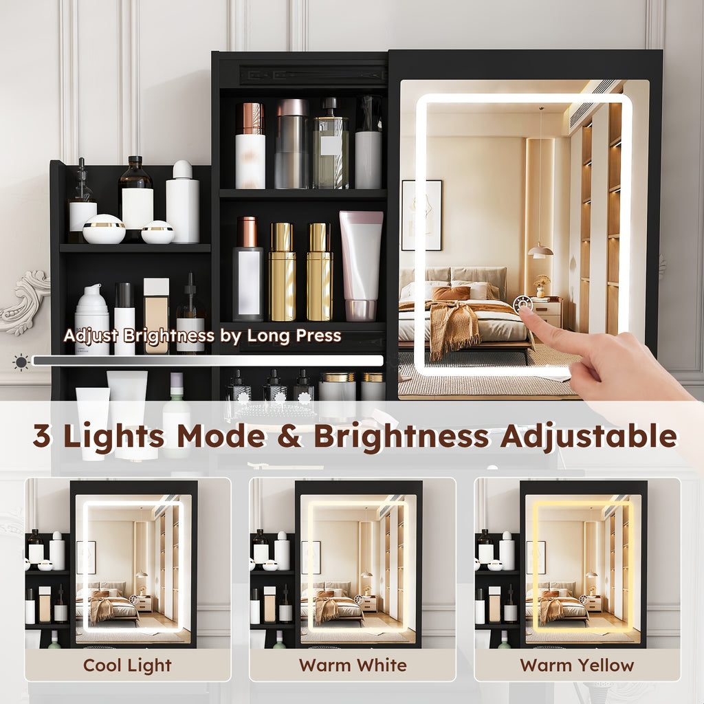 Modern Vanity Desk with LED Lighting & Dressing Chair - Adjustable Brightness, 4 Drawers & Shelves, Hair Dryer Holder, Suitable for for Bedroom, Dressing Table, Bathroom Storage, Space-Saving, Assembly Required