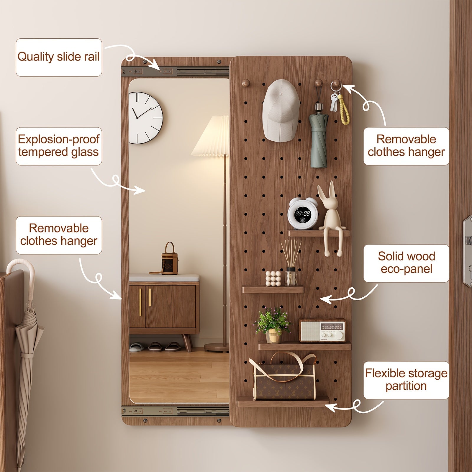 Muwuele Bathroom Furniture - Solid Wood Pegboard Full-Length Mirror, Wall-Mounted Dressing Mirror For Home, Bedroom, And Try-On Use, Can Cover The Mirror, Christmas Gifts, Black Fridays Items, Free Shipping