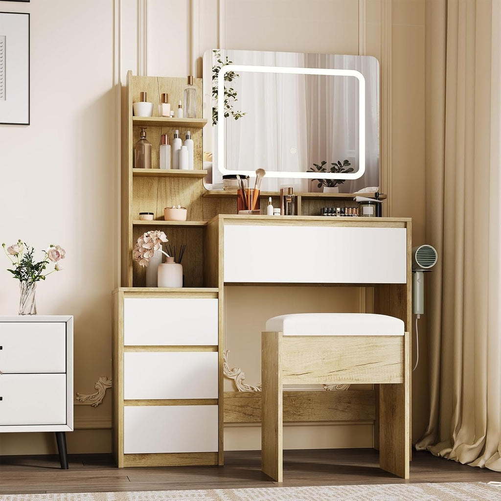 Modern 36-inch Dressing Table with LED Mirror & Adjustable Lighting, USB Port & Power Outlet - \u002FVanity Desk Suitable for Bedroom, Stool Included, Storage Shelves & Drawers, Assembly Required ( Style)