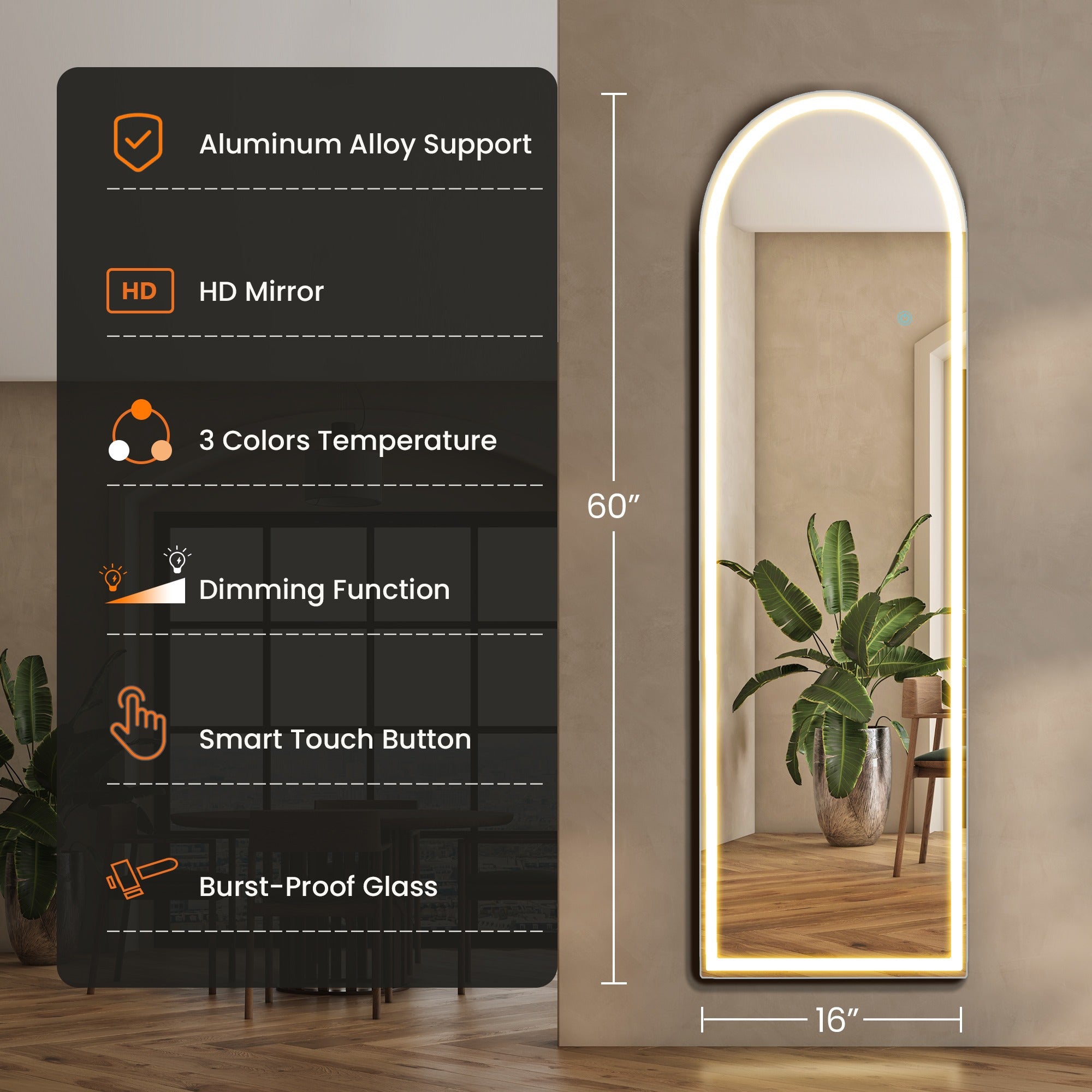 MCQ Arched\u002FRectangular LED Full Length Mirror, Full Body Floor Mirror Standing Hanging or Leaning Wall, Arch Wall Mirror with Stand Aluminum Alloy Thin Frame for Bedroom, Bathroom, Store
