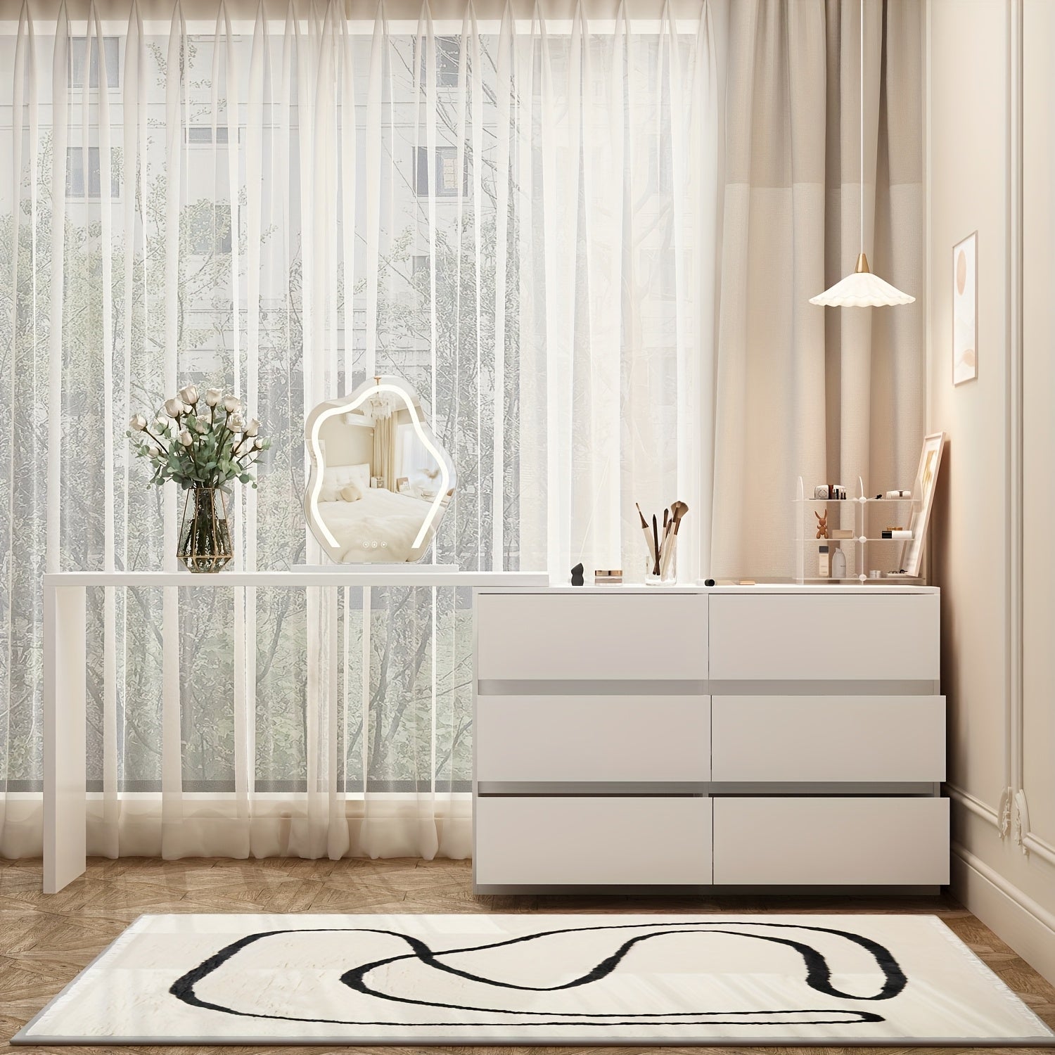 A Modern And Minimalist White Dressing Table with Six Drawers, Suitable for Makeup And Can Also Serve As a Multifunctional Office Desk