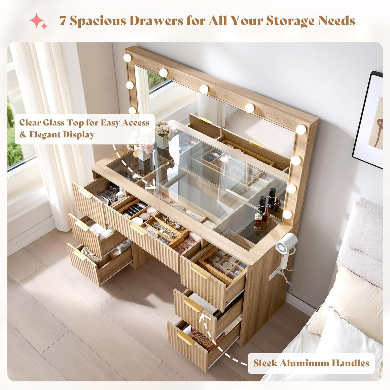 Fluted Vanity Desk with Large Mirror and Adjustable LED Lights, Drawers Makeup Table with Glass Top and Charging Station